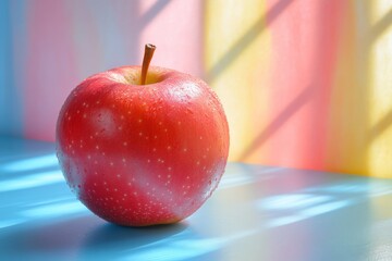 Poster - Bright red apple resting on blue surface with colorful shadows in background during daylight