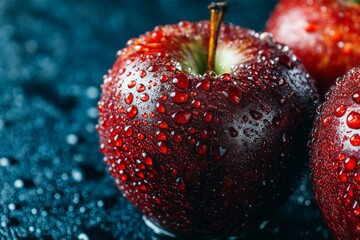 Poster - Fresh red apples covered in droplets glistening on a dark surface during early morning light