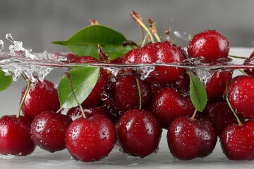 Poster - Fresh cherries splashing in water with leaves in a bright kitchen setting