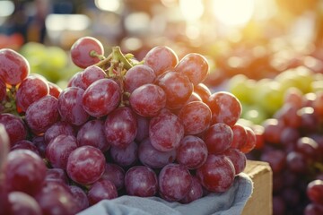 Aufkleber - Fresh red grapes displayed at a vibrant market in the late afternoon sunlight
