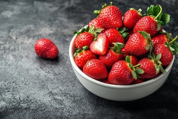 Poster - Fresh strawberries in a white bowl on a dark surface, showcasing vibrant red color and natural sheen