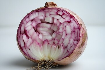 Poster - Red onion cut in half showcasing layers and texture in a light setting