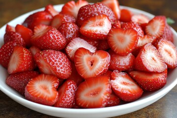 Aufkleber - Freshly sliced strawberries in a white bowl ready for dessert or snacks