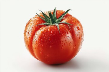 Poster - Fresh ripe tomato glistening with water droplets on a white background in a studio setting