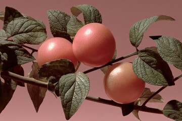 Poster - Vibrant pink fruits hang delicately on a green branch against a soft pastel background during a serene afternoon