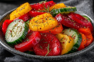 Poster - Colorful salad featuring fresh peppers and cucumbers garnished with herbs and spices for a healthy meal option