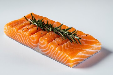 Aufkleber - Freshly sliced salmon with a touch of rosemary on a clean white background showcasing vibrant colors and textures