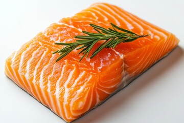 Poster - Fresh salmon fillet topped with a sprig of rosemary on a clean surface ready for preparation