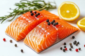 Aufkleber - Fresh salmon fillets with herbs and lemon, ready for cooking and garnishing with spices