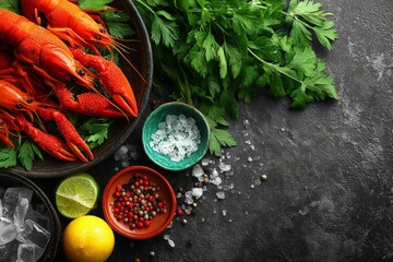 Aufkleber - Freshly harvested shrimp and herbs prepared for cooking on a rustic kitchen counter