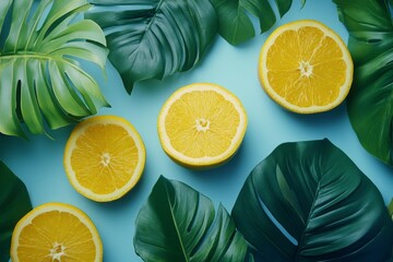 Aufkleber - Colorful arrangement of fresh citrus slices with tropical leaves on vibrant blue background