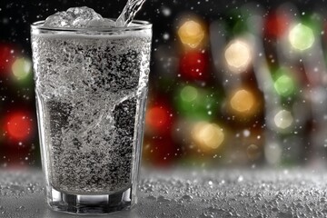 Poster - Sparkling water poured into a glass with bubbles and blurred colorful background at a lively gathering