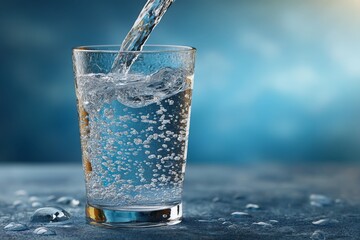 Aufkleber - Bubbles form as water is poured into a glass on a dark surface with a hazy blue background