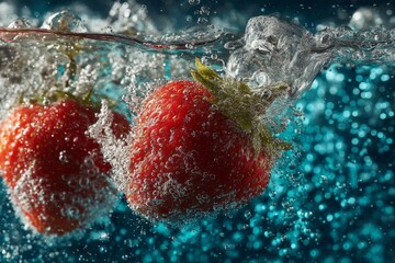 Aufkleber - strawberries splash into water creating bubbles and a lively atmosphere