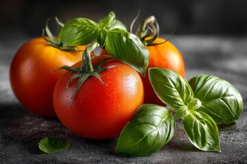 Poster - Fresh red tomatoes and aromatic basil leaves on a dark background highlighting a vibrant food composition