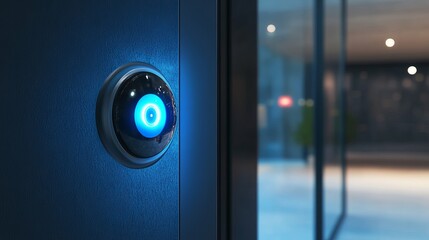 Aufkleber - Modern Blue Illuminated Button Futuristic Technology Interface Digital Door Panel Access Control System Elegant Office Building Entrance Design Professional Corporate Security System Advanced         