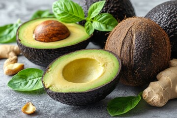 Poster - Fresh avocados and ginger on a grey textured surface with basil leaves nearby