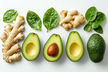 Poster - Fresh avocados, ginger root, and spinach leaves arranged on a white surface showcasing healthy ingredients for nutritious meals