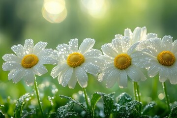 Poster - Freshly bloomed daisies adorned with dew on a sunny morning in a lush garden