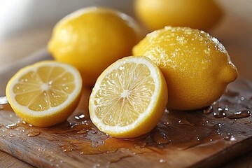 Poster - Vibrant fresh lemons displayed on a wooden cutting board with juice droplets around during a sunny kitchen setting