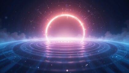 Poster - Digital artistic rendering of a futuristic neon sunrise over water abstract visuals calm atmosphere wide angle view conceptual art