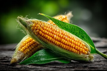 Aufkleber - Freshly harvested corn cobs with vibrant kernels displayed on a rustic wooden surface in natural light