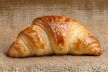 Poster - Delicious golden croissant resting on burlap fabric, showcasing its flaky layers and shiny crust