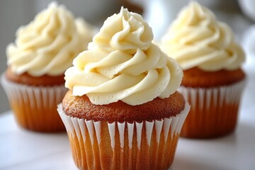 Poster - Sweet vanilla cupcakes with fluffy frosting displayed on a table for a delightful dessert experience