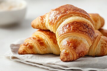 Poster - Freshly baked croissants on a linen napkin in a cozy kitchen setting during a bright morning