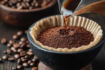 Aufkleber - Brewing fresh coffee with a pour-over method in a rustic kitchen setting