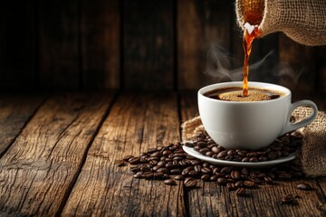 Poster - Rich coffee pouring from a burlap sack into a white cup on a rustic wooden table