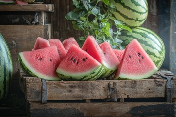 Poster - Freshly sliced watermelons displayed in wooden crate at local market during summer season