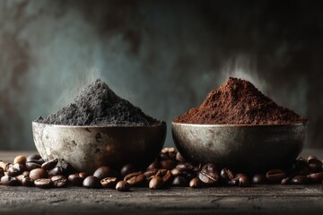 Aufkleber - Coffee grounds and roasted beans create a rich display of color and texture in an artisanal setting filled with warmth and aroma
