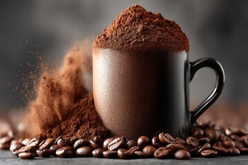 Aufkleber - Rich coffee grounds spill from a black mug surrounded by whole coffee beans on a dark surface