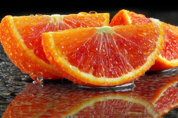 Aufkleber - Freshly sliced orange segments glistening with droplets on a reflective surface in natural light