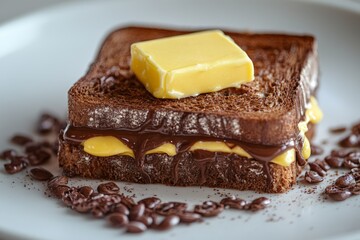 Aufkleber - Delicious chocolate and butter toast served on a white plate with coffee beans in the background