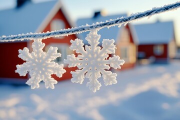 Poster - Snowflakes hanging on a line with cozy red houses in the background during winter