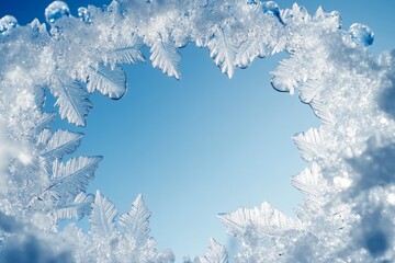 Aufkleber - Winter frost formations create a natural frame against a clear blue sky at midday in a serene outdoor setting