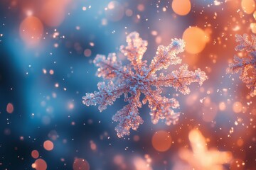 Poster - Snowflake delicately falling amidst soft bokeh lights during a winter evening in a serene landscape