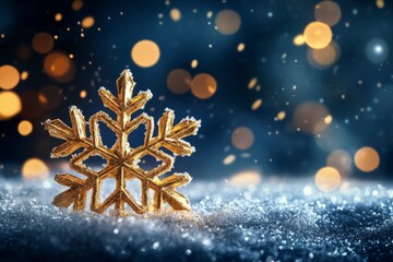 Fototapete - Golden snowflake shining in soft blue background with warm bokeh lights during winter celebration