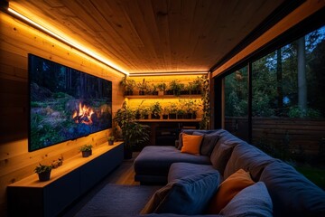 Poster - A spacious living room showcases warm wood finishes, plants adorning shelves, and soft lighting from a rustic fireplace, creating a welcoming atmosphere
