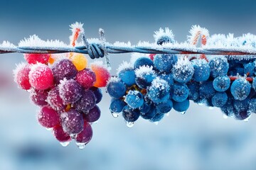 Poster - Frost-covered grapes hang from a vine in a chilly vineyard during the early morning light of winter
