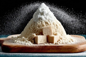 Aufkleber - Sugar and sweetener arrangement on a wooden board with powdered sugar cascading down
