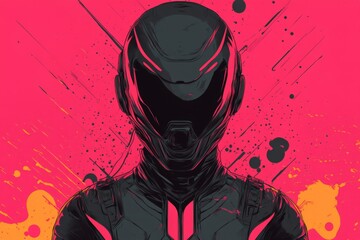 Aufkleber - Futuristic character in sleek armor stands against vibrant pink splatter background conveying dynamic energy and modern design