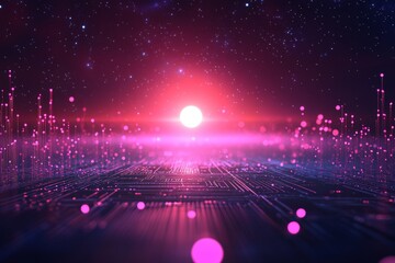 Aufkleber - Vibrant sunset over a digital landscape with glowing elements and starry sky