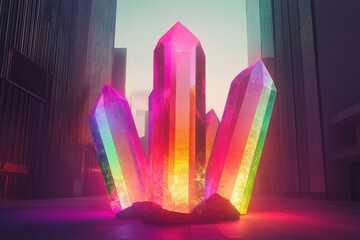 Poster - Colorful crystal sculptures illuminated at dawn in an urban setting with skyscrapers in the background