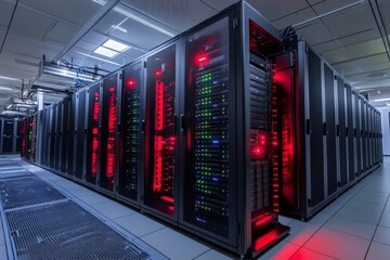 Poster - Modern data center filled with server racks illuminated by red lights at night