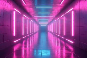 Poster - Bright neon corridor with reflective surfaces in a modern urban setting at night