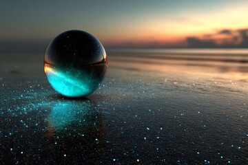 Poster - Reflective glass sphere resting on a beach at sunset with shimmering sand and calm water in the background