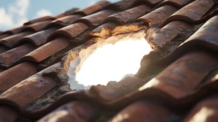 Poster - A white hole in a ceramic roof tile emits bright light, creating jagged edges and adding a powerful visual contrast, symbolizing breakthrough and energy.